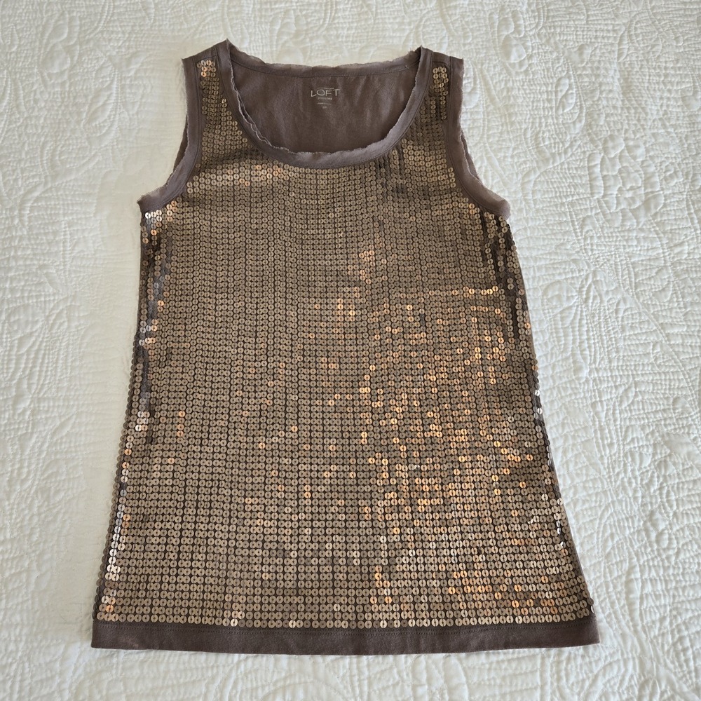 Ann Taylor Loft Petite Small Taupe Bronze‎ Sequined Casual Raw Hem Edge Tank Top